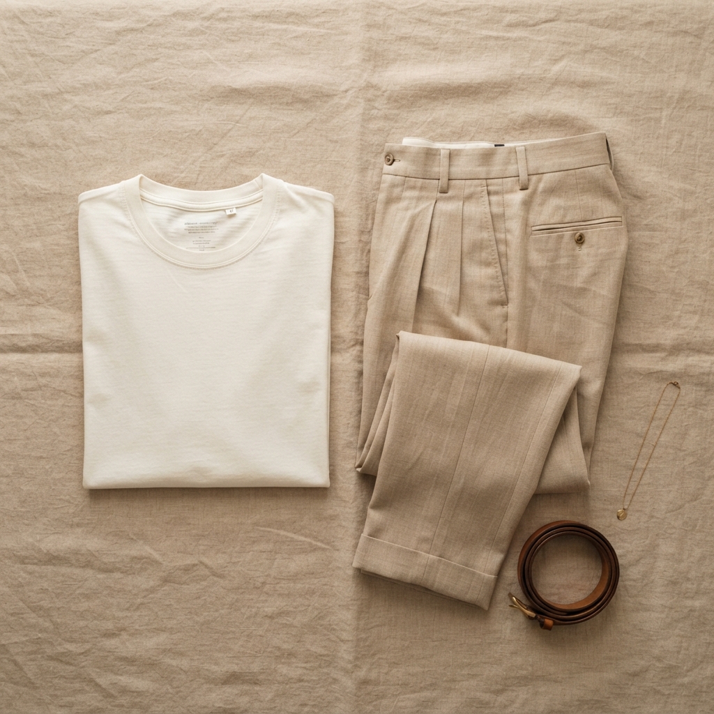 Simple clothes laid out on a neutral surface